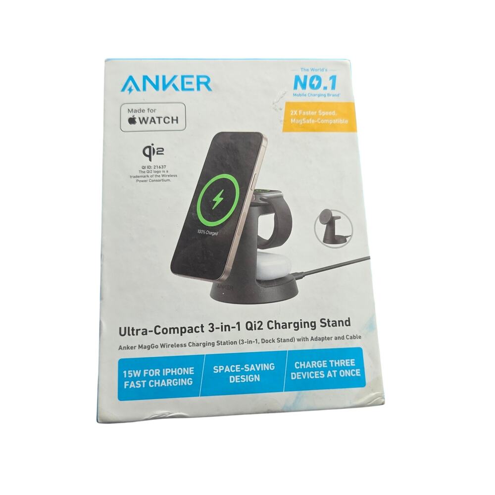 Anker MagGo 3-in-1 Qi2 Wireless Charging Station 15W Fast Dock Stand Black